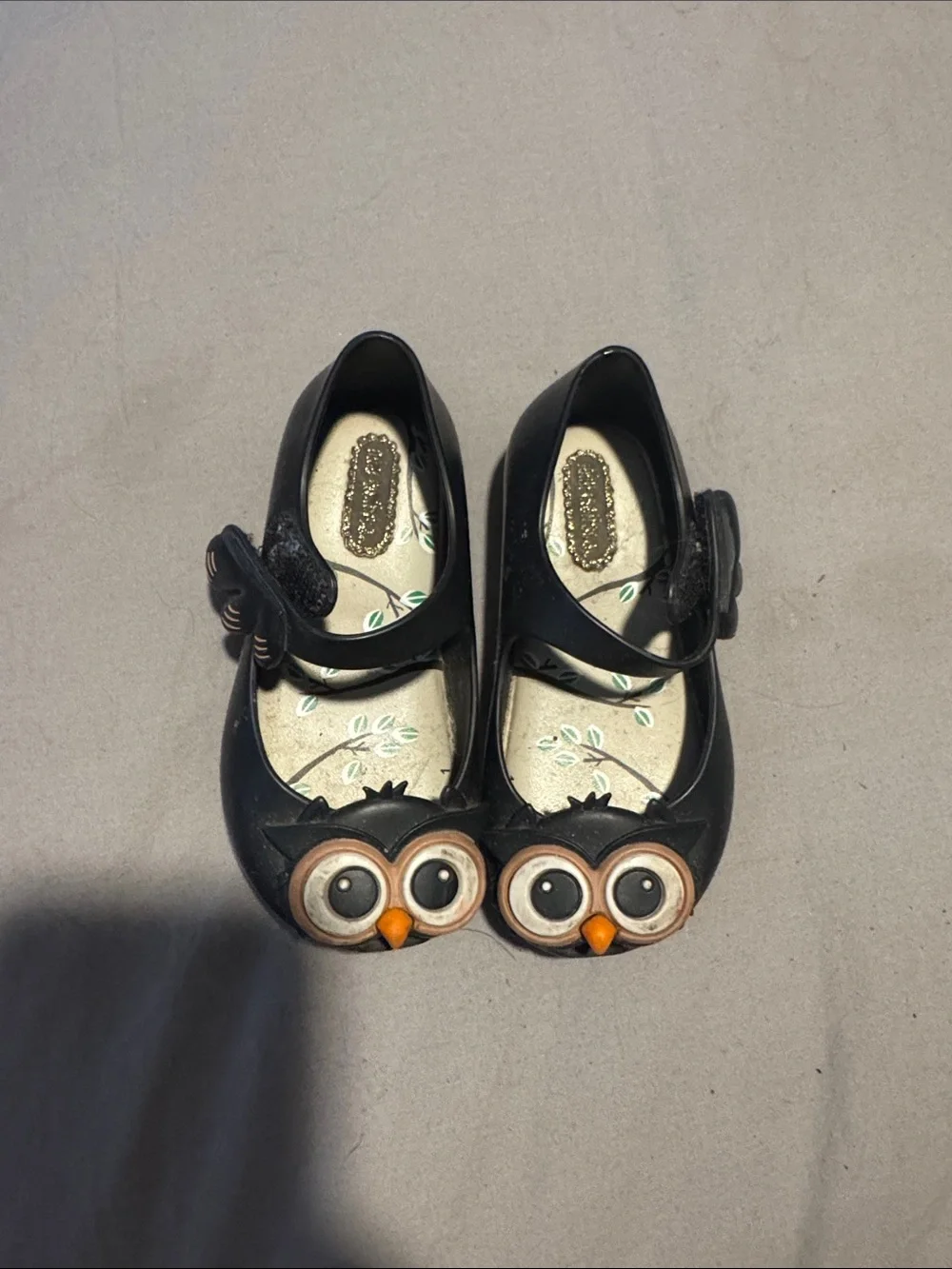 Mini Melissa Black Owl Mary Janes with Brown & Orange Accents